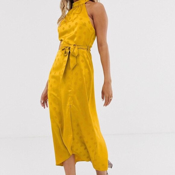 ASOS Miss Selfridge Mustard Yellow Polka Dot Halter Dress - Picture 2 of 14
